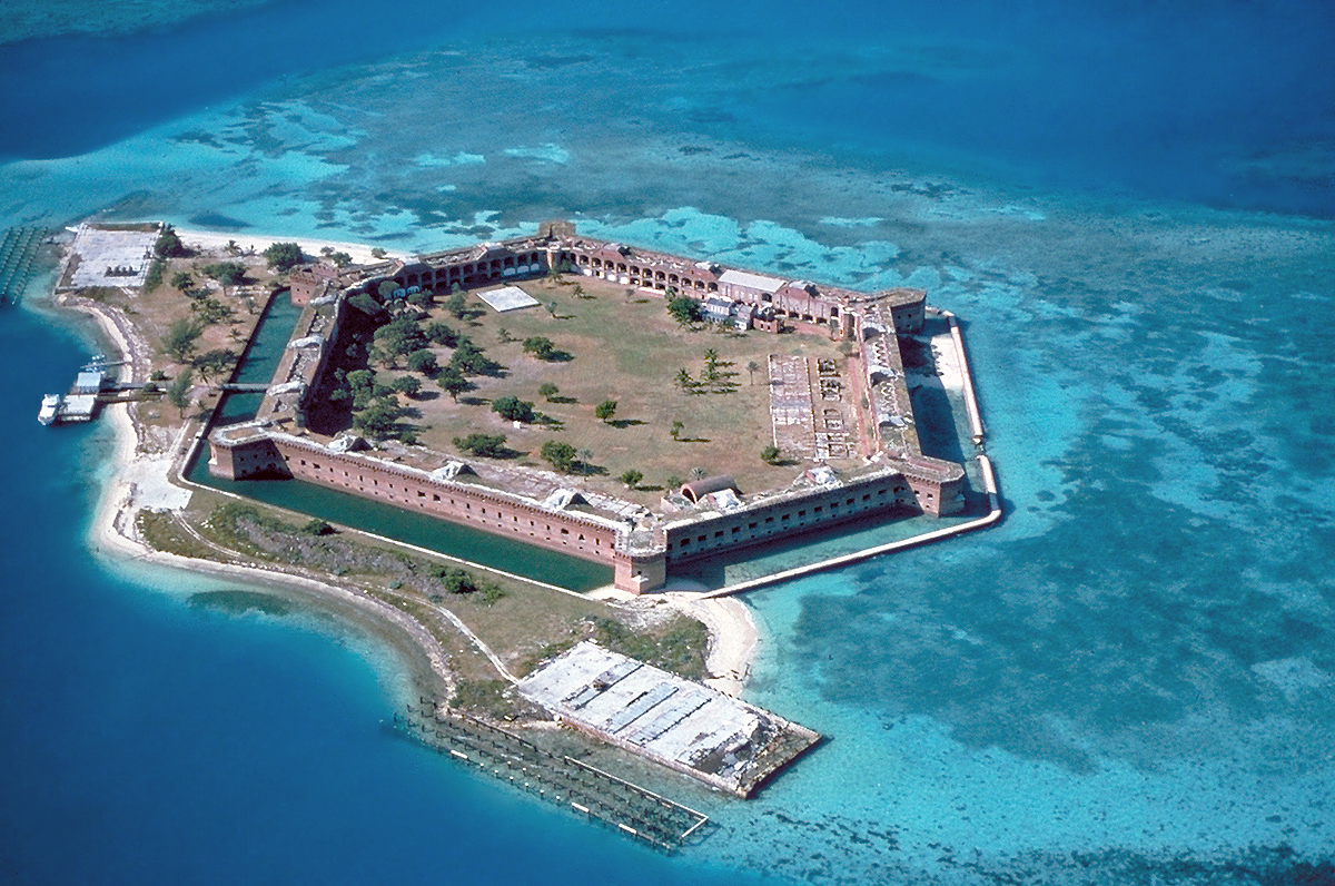 Aerial view of Fort Jefferson surrounded by turquoise water in Dry Tortugas National Park